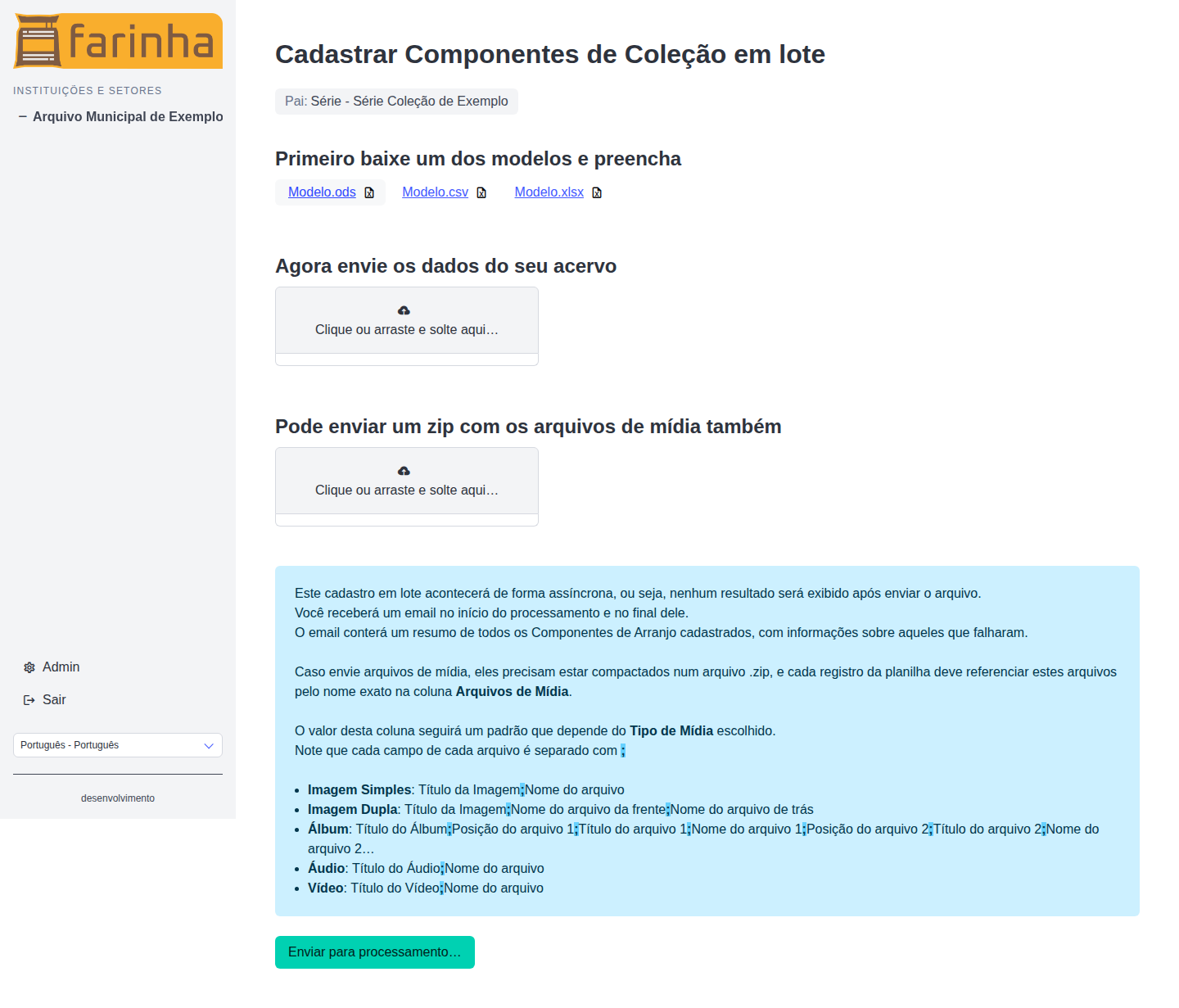 Modulo di importazione massiva con modelli e invio di foglio di calcolo e media